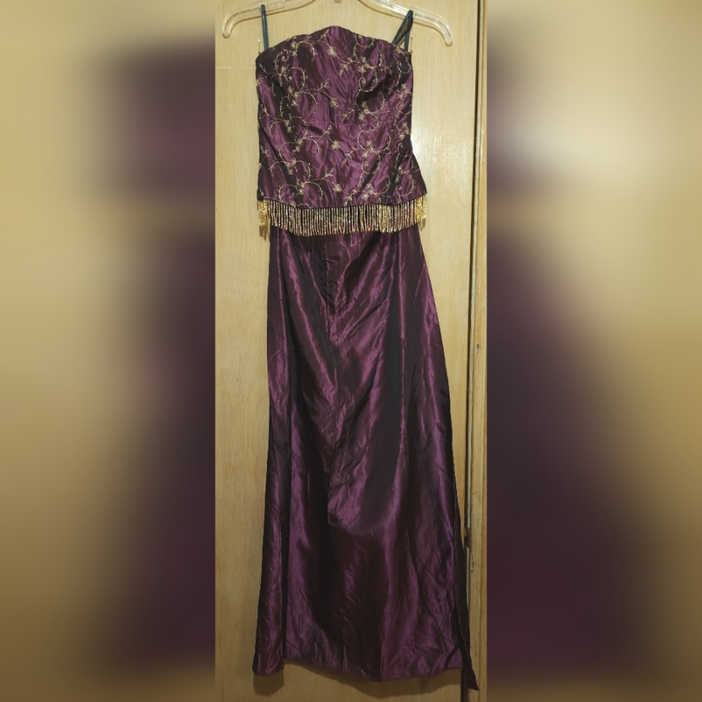 Y2K Gunne Sax Jessica McClintock 2Pc Sz 7 Dress Plum Gold Embroidery Fringe Prom